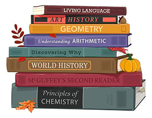 Stack of books pertaining to various subject matters including chemistry, world history, geometry, etc.